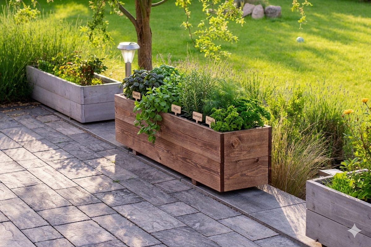 Dřevěný truhlík na bylinky s bazalkou, rozmarýnem a tyminánem na zahradní terase