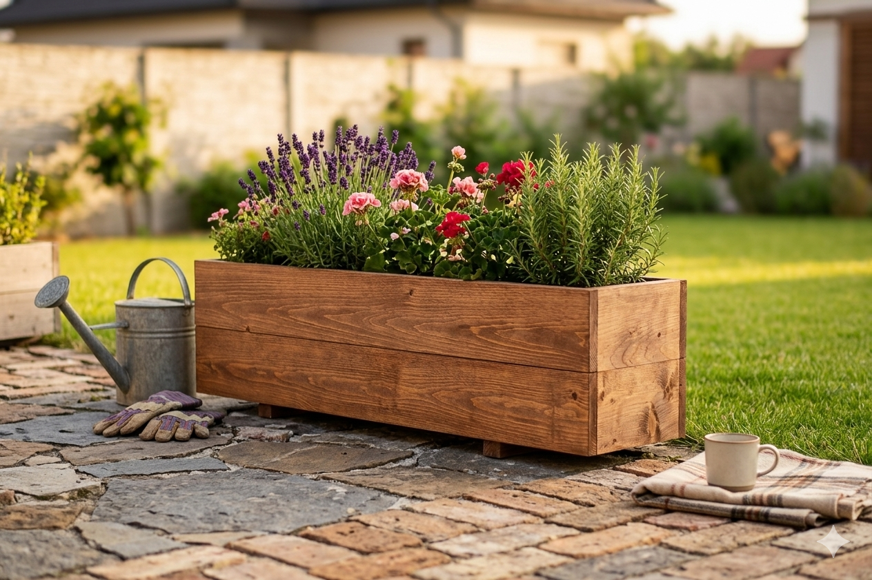 Dřevěný truhlík s levandulí, růžemi a rozmarýnem na zahradě