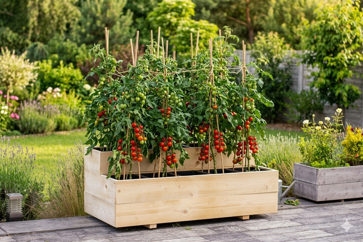 Dřevěný truhlík s cherry rajčaty na tyčkách