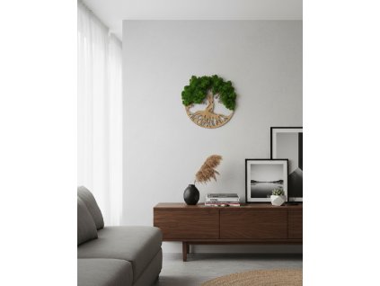 Dřevěný strom života Rustik tmavý dekor světle zelený mech