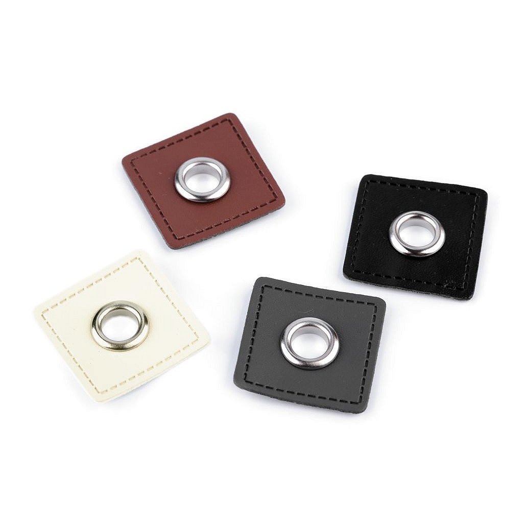 Průchodka s koženkovým čtverečkem k našití, průvlek 8 mm (Varianta 2 hnědá koňak nikl, Balení 4 ks)