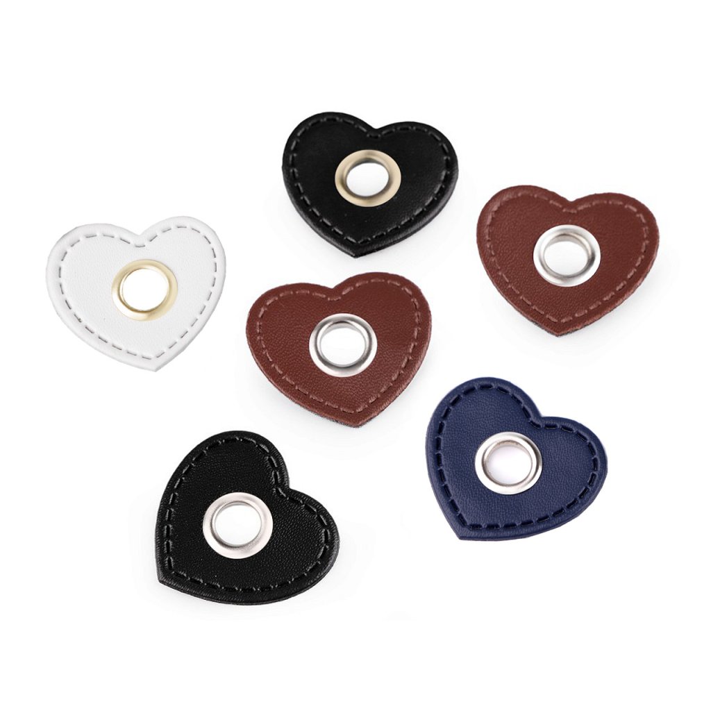 Průchodka s koženkovým srdcem k našití, průvlek 8 mm (Varianta 1 hnědá koňak nikl, Balení 20 ks)