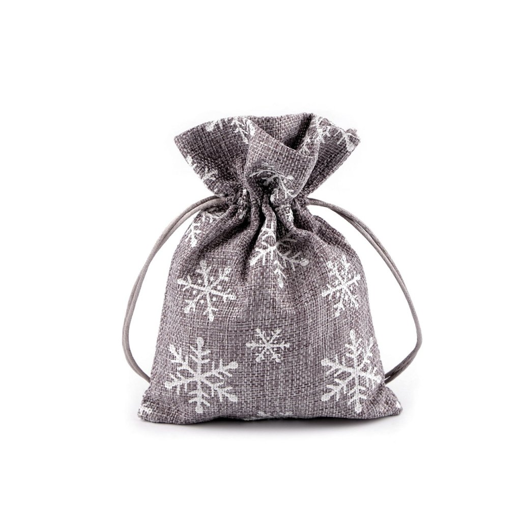 Vánoční dárkový pytlík vločky s glitry 13x18 cm imitace juty