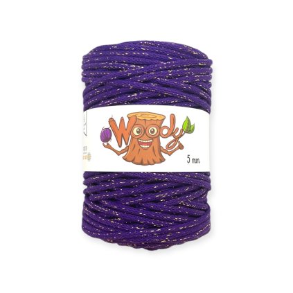 Woody příze 5 mm – Vánoční fialová se zlatou nitkou (100m)