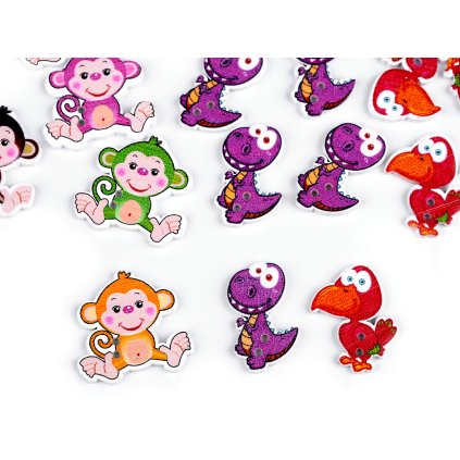 Dřevěný dekorační knoflík opice, dinosaurus, ptáček