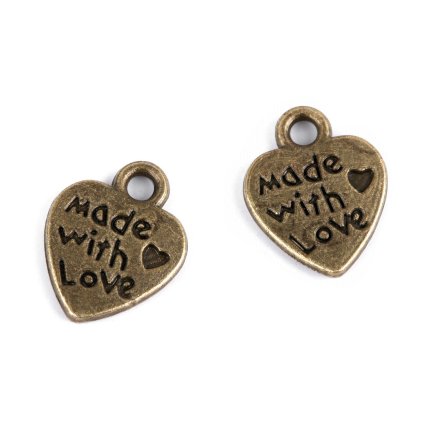 Přívěsek srdce 10x12 mm (Varianta 1 (Made with love) platina s patinou, Balení 10 ks)