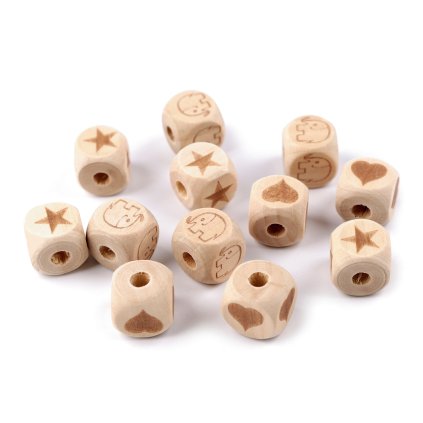Dřevěné korálky kostka slon, srdce, hvězda 14x14 mm (Varianta 2 přírodní srdce, Balení 10 ks)