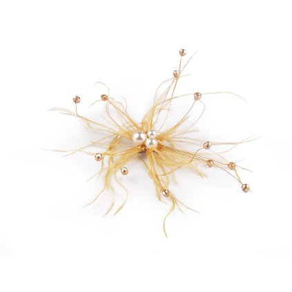 Péřová brož s perlami a broušenými korálky (Varianta 2 zlatá, Balení 1 ks)
