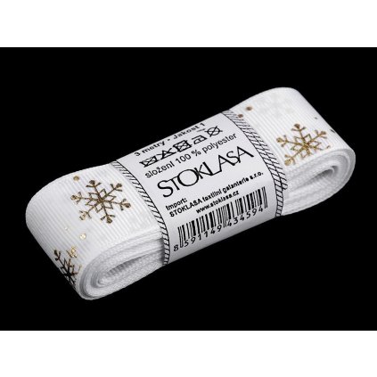Rypsová stuha vločky šíře 25 mm vánoční (Varianta 1 bílá zlatá, Balení 3 m)