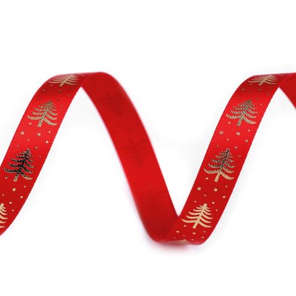 Saténová stuha stromeček šíře 10 mm vánoční (Varianta 3 červená zlatá, Balení 5 m)