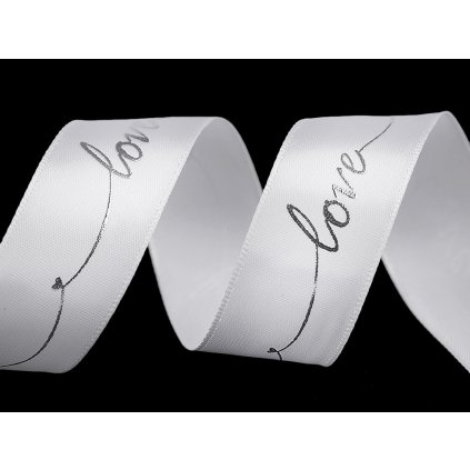 Saténová stuha s metalickým potiskem Love šíře 26 mm (Varianta 3 růžová sv. stříbrná, Balení 13.5 m)