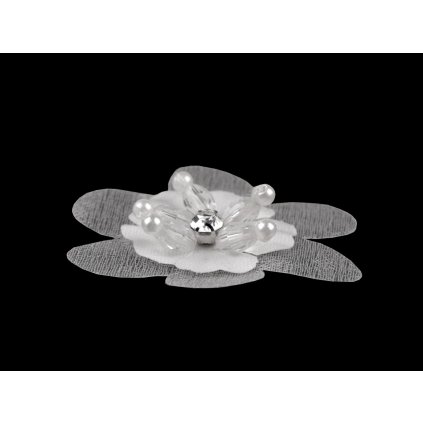 Květ s broušeným kamínkem a korálky k našití a nalepení Ø4,5 cm (Varianta 1 bílá, Balení 10 ks)