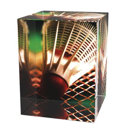 Skleněná trofej CR3065M10 | Badminton (Výška cm 8, UV tisk sklo UV tisk sklo 90, Laserové gravírování Laserové gravírování 90)