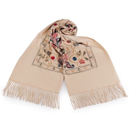 Velký teplý šátek / pléd vyšívaný s třásněmi, typu kašmír 70x180 cm (Varianta 2 modrá jeans, Balení 1 ks)