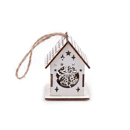Dřevěný domeček svítící k zavěšení (Varianta 4 bílá, Balení 1 ks)