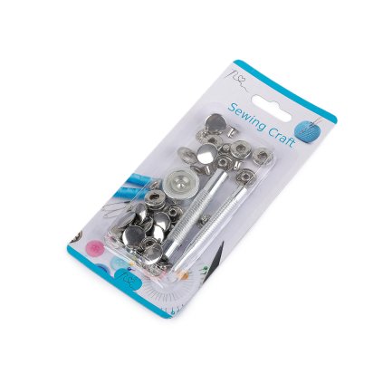 Knoflík stiskací WUK Ø15 mm na středně silné látky, s ručním kovovým aplikátorem (Varianta 1 nikl, Balení 1 sada)