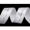 Saténová stuha s metalickým potiskem Love šíře 26 mm (Varianta 5 modrá pomněnková stříbrná, Balení 13.5 m)
