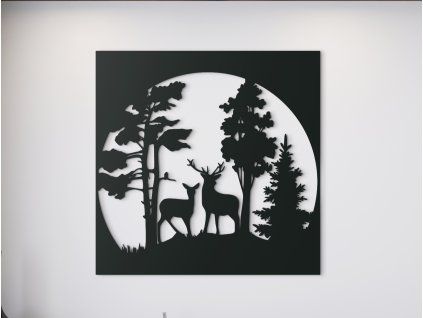 Holzbild HIRSCHE IM WALD (Bildabmessungen 89 x 89 cm, Bildfarbe Grau)