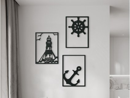 3-teiliges Bild LEUCHTTURM, ANKER UND STEUERRAD