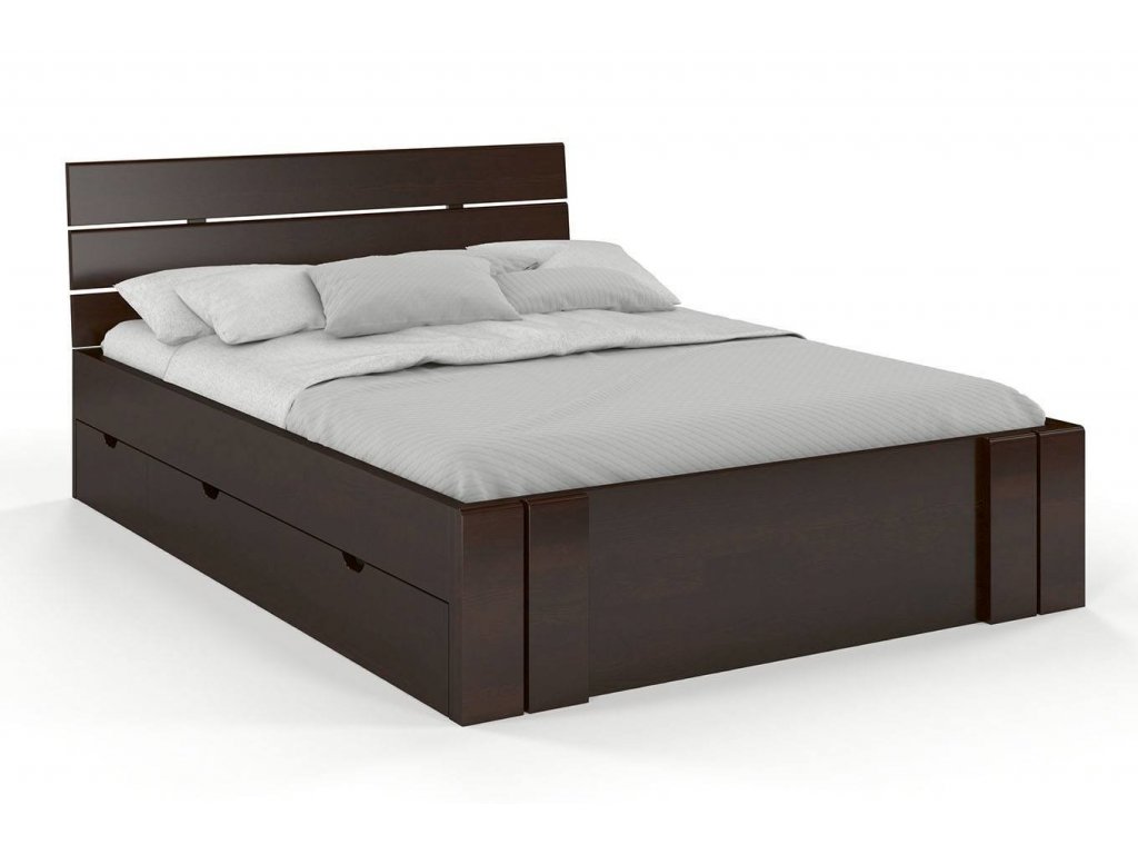 Masivní postel Arhus z borovice s úložným prostorem - palisandr