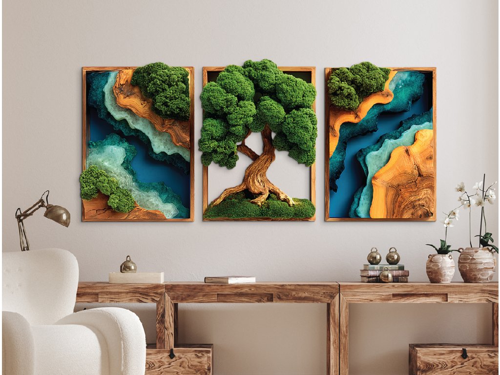 Trojdielny machový Strom Života Sila (UV tlač) (Rozměr obrazu 86,5 x 190 cm, Povrchová úprava 3D)