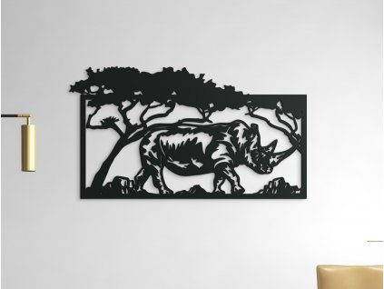 Dřevěný obraz Nosorožec v savaně