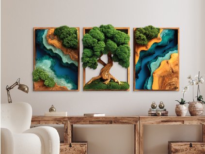 Trojdielny machový Strom Života Sila (UV tlač) (Rozměr obrazu 86,5 x 190 cm, Povrchová úprava 3D)