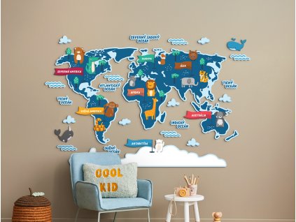 Detská mapa sveta so zvieratkami – modrá (Rozměr obrazu 143,5 x 221 cm, Povrchová úprava 3D)
