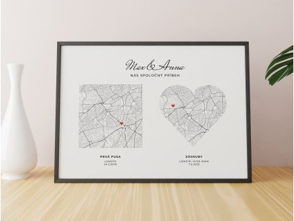 Darčekový obraz pre partnera - 2 mapy s vlastným textom (Velikost obrazu A1, Barva rámu F05 - Černá, Povrchová úprava Lesklá)