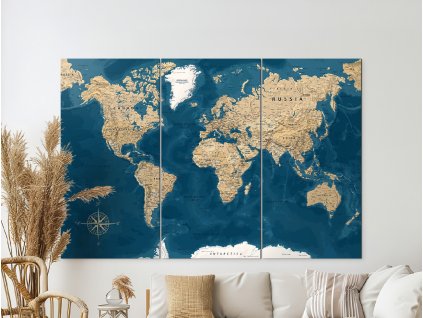 Farebná mapa sveta - modrá / béžová (Rozměr obrazu 121 x 179,5 cm, Povrchová úprava 3D)
