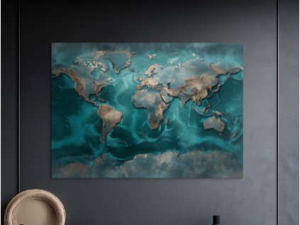 Dekoračná mapa sveta - tyrkysová (Velikost obrazu A1, Barva rámu Bez rámu, Povrchová úprava 3D)
