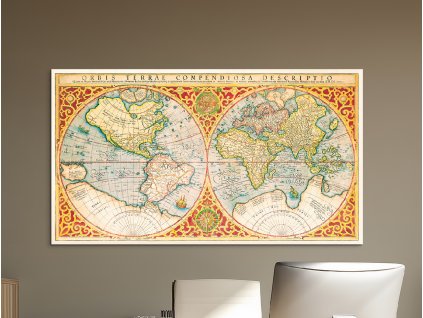 Historická mapa Orbis Terrae Compendiosa Descriptio (Rozměr obrazu 53 x 95 cm, Povrchová úprava 3D)