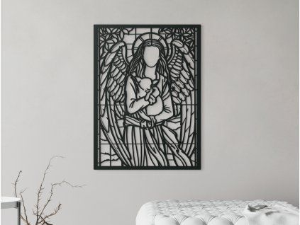Holzdekoration ENGEL MIT SCHÄFCHEN (Bildabmessungen 121,5 x 89 cm, Bildfarbe Grau)