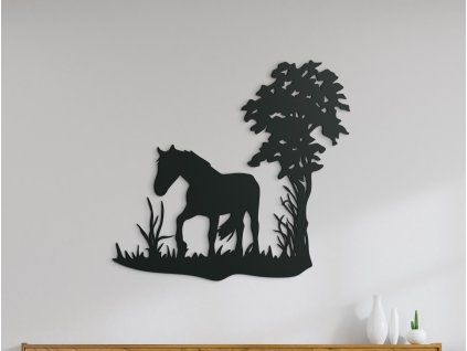 Holzsticker EINSAMES PFERD UNTER EINEM BAUM (Bildabmessungen 32,5 x 35 cm, Bildfarbe Grau)