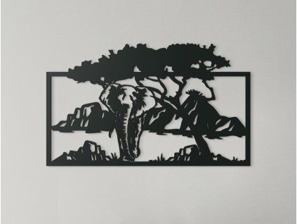 Holzbild ELEFANT IN DER SAVANNE (Bildabmessungen 80 x 133 cm, Bildfarbe Grau)