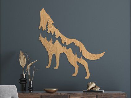 Holzsticker WOLF UND BERGE (Bildabmessungen 31,5 x 29,5 cm, Bildfarbe Grau)