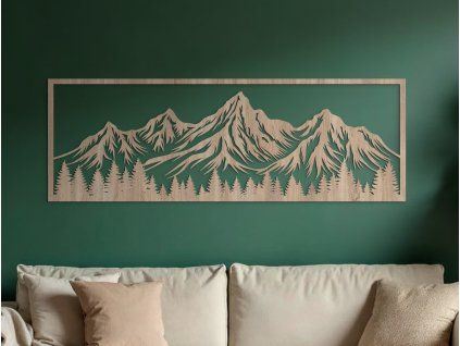 Breites Bild BERGE HINTER DEM WALD (Bildabmessungen 15,5 x 45,5 cm, Bildfarbe Grau)