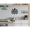 Holzaufschrift Kitchen mit Besteck und Dekor (Bildabmessungen 32,5 x 34,5 cm, Bildfarbe Grau)