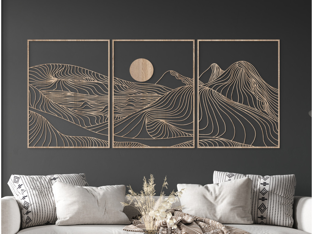 Tableau line art en 3 parties Montagnes et soleil