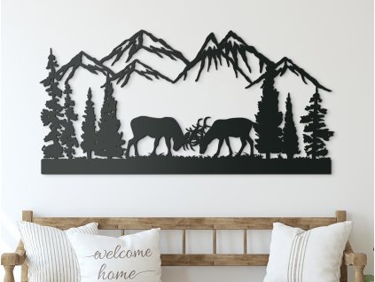 Tableau en bois Combat de cerfs sous la montagne