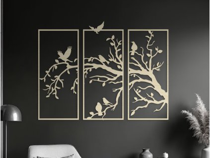 Tableau en bois en 3 parties Oiseaux dans un arbre