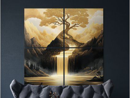 Tableau en plusieurs parties Cascade dorée (Dimensions du tableau 71 x 71 cm, Finition Mate)