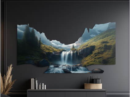 Tableau Paysage avec cascade (Dimensions du tableau 27,5 x 52,5 cm, Finition Mate)