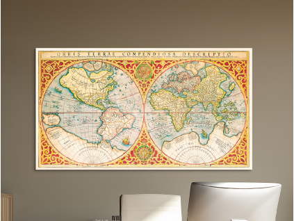 Carte historique Orbis Terrae Compendiosa Descriptio (Dimensions du tableau 25 x 45 cm, Finition Mate)