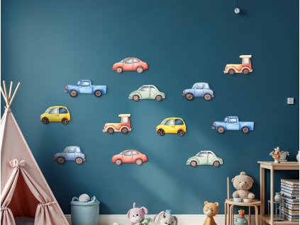 Sada nálepiek na stenu Farebné autíčka - 12 ks (Kép mérete 120 x 180 cm, Felületkezelés 3D)