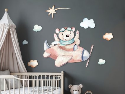 Detská dekorácia Veselý pilot macko (Kép mérete 134 x 190 cm, Felületkezelés 3D)