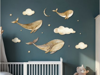 Viacdielna dekorácia Nočný tanec veľrýb (Kép mérete 88 x 330 cm, Felületkezelés 3D)