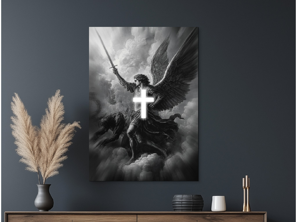 Čiernobiely obraz Archanjel Michal (Formato del quadro A1, Colore della cornice Senza cornice, Finitura 3D)