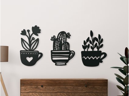 3-dielna drevená nálepka Rastliny v šálkach (Dimensioni del quadro 50,5 x 105 cm, Colore del quadro Antracite)