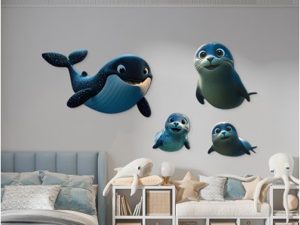Detská viacdielna dekorácia Veľrybka a tulene (Dimensioni del quadro 99 x 116 cm, Finitura 3D)